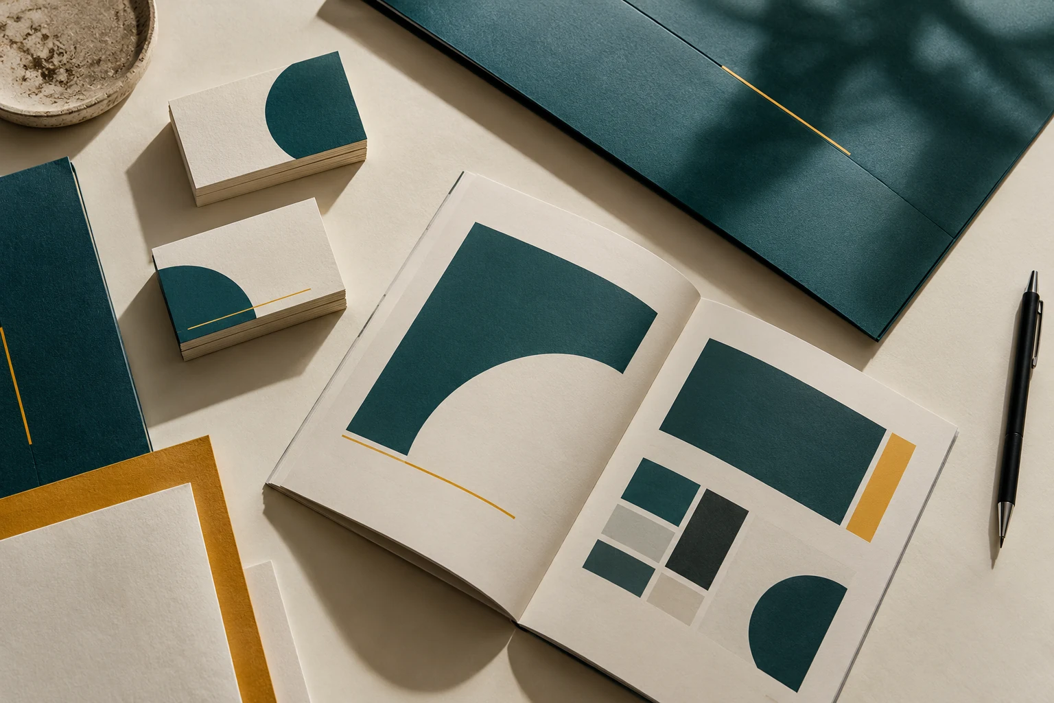 Teal and amber business cards, stationery and a brand guide on an ivory table