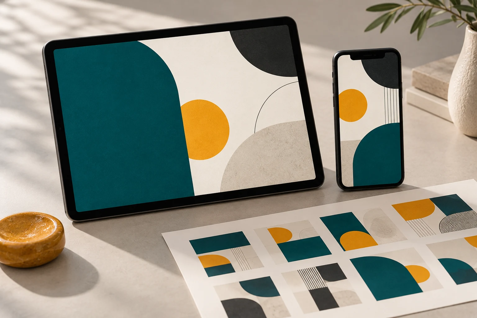 Coordinated graphic layouts on a tablet, smartphone and social media proof sheet