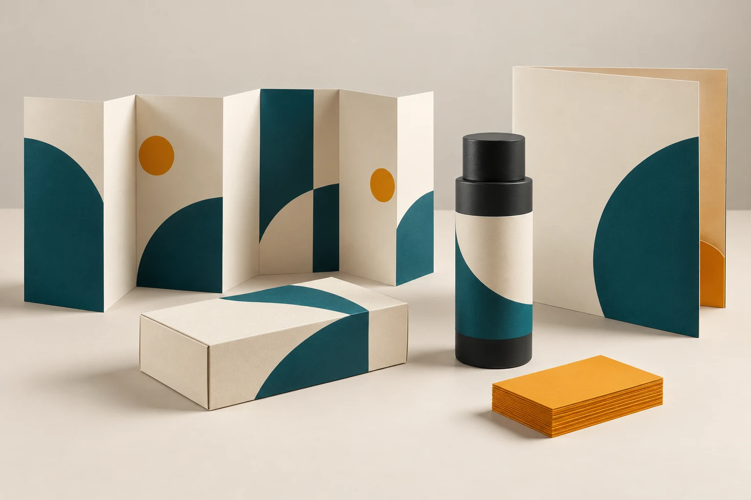 Matching brochures, product packaging and a presentation folder in cream, teal and amber